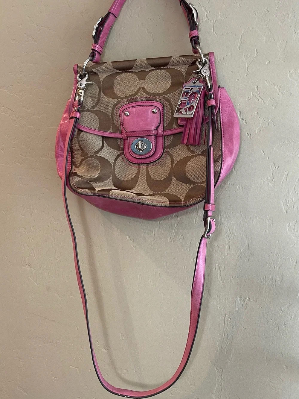 Coach Pink 70th anniversary Signature Canvas leather Crossbody Stripe Lining